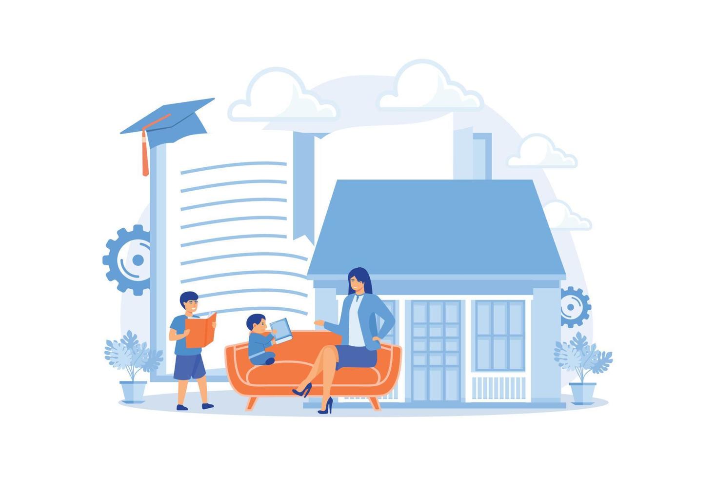 Children at home with tutor or parent getting education, tiny people. Home schooling, home education plan, homeschooling online tutor concept.  flat vector illustration
