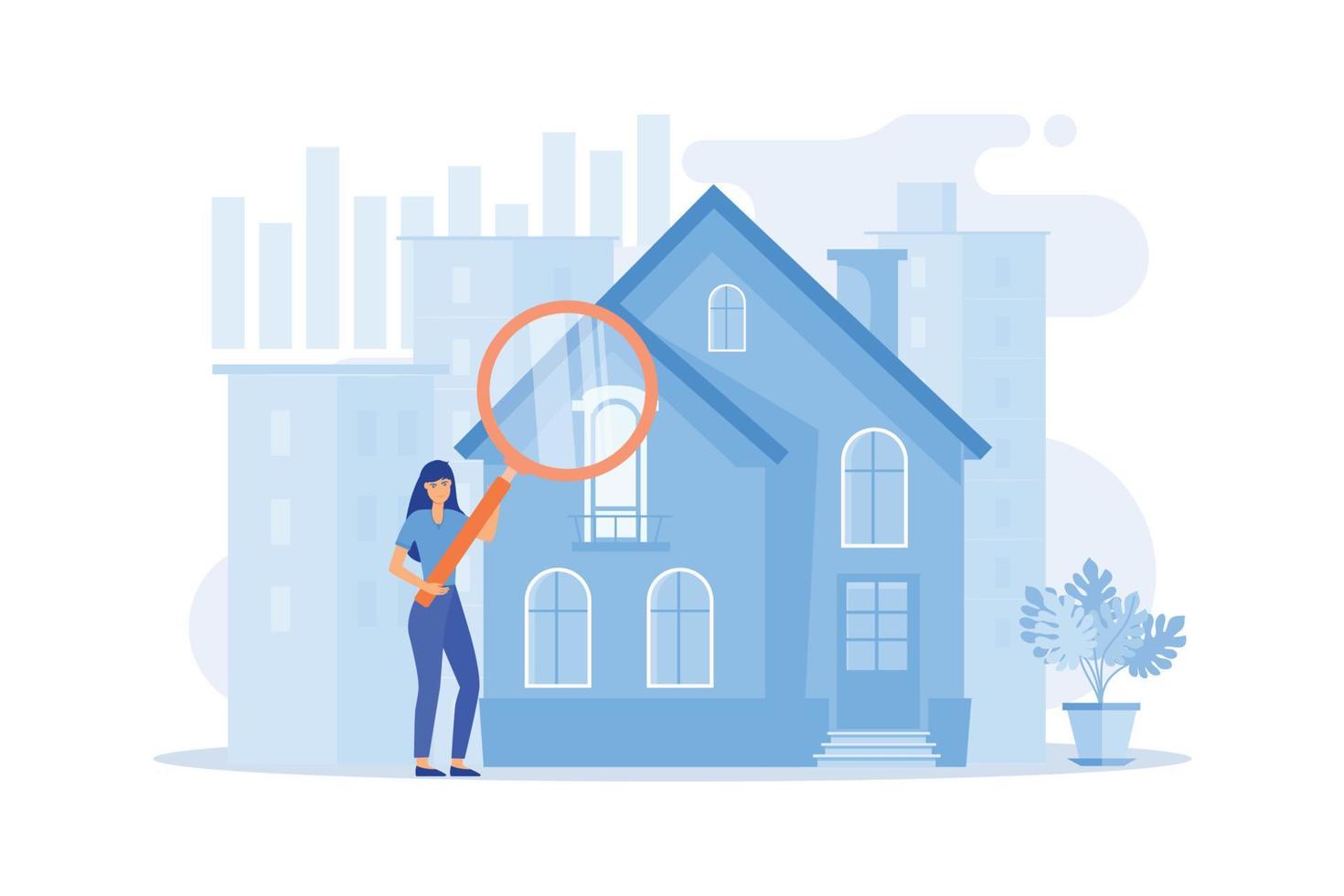 Real estate customer with magnifier looking for property for sale. Real estate market, real estate transactions, property market concept.flat vector modern illustration.