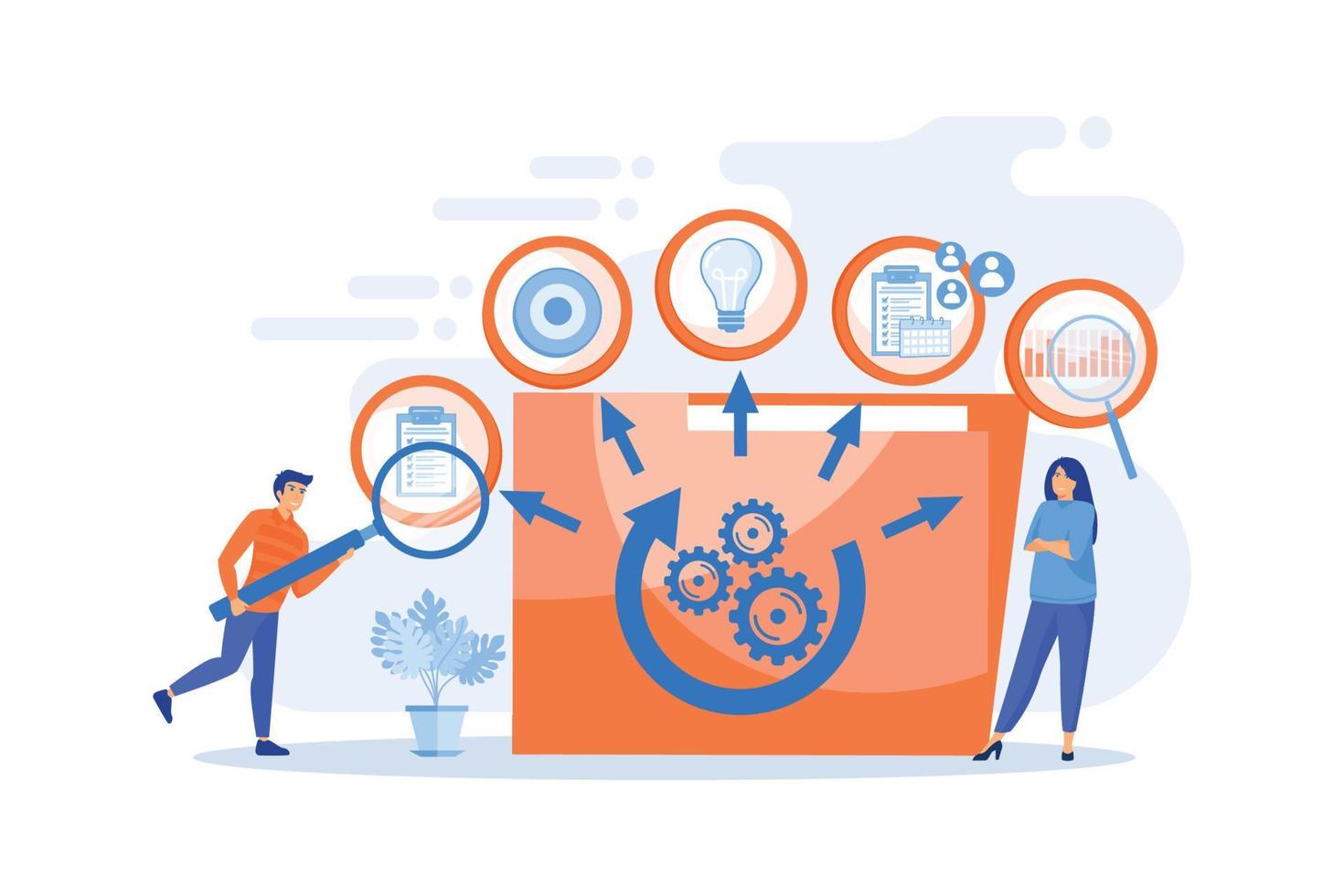 KPI and task management. Workflow optimization. Project life cycle, successful project management, stages of project completion concept.flat vector modern illustration