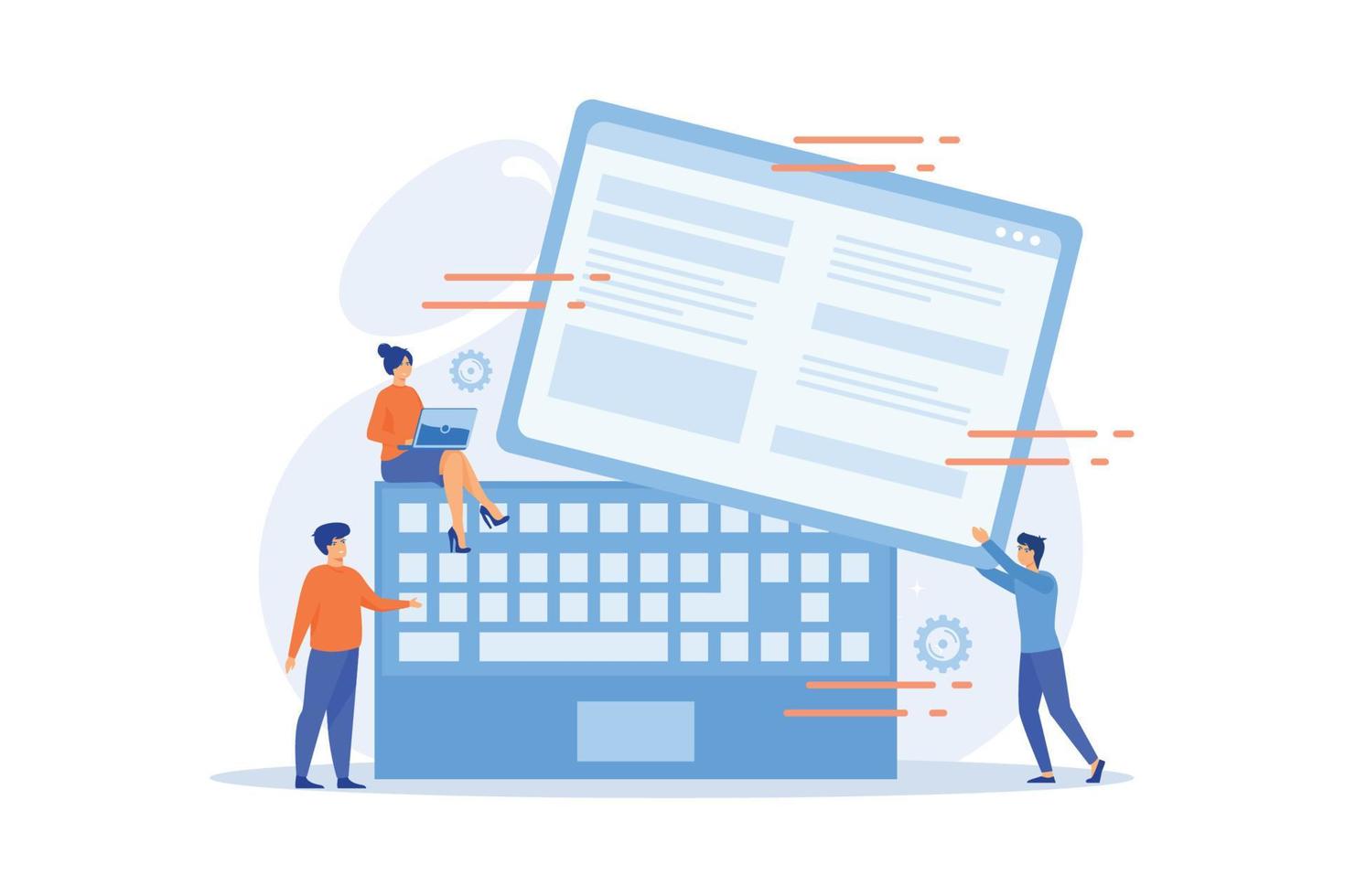 Tiny business people work at detachable computer. Detachable device technology, detachable computer, modular electronics development concept. flat vector modern illustration