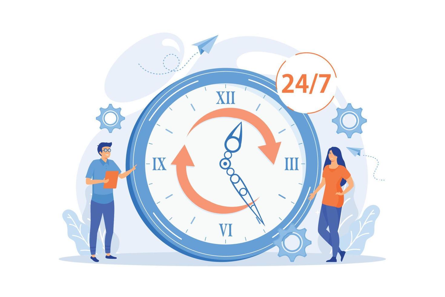 Businessman and woman near huge clock with round arrows working 24 7. 24 7 service, business time schedule, extended working hours concept.  flat vector modern illustration