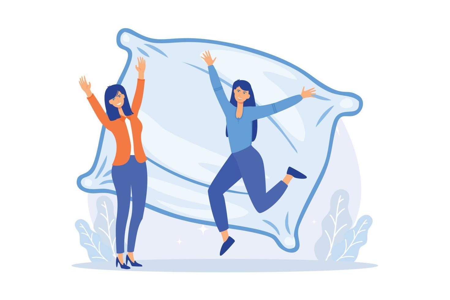 Girlfriends in pyjamas at hen party, Overnight stay, pajama party, sleepover fun. Childhood activity. Cheerful teenage girls and pillow. vector