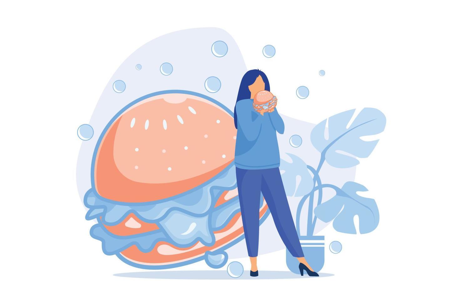 mujer hambrienta comiendo hamburguesa. adicción a la comida rápida, comer en exceso, comida alta en calorías. chica con gran apetito, comer en exceso y glotonería. ilustración moderna de vector plano