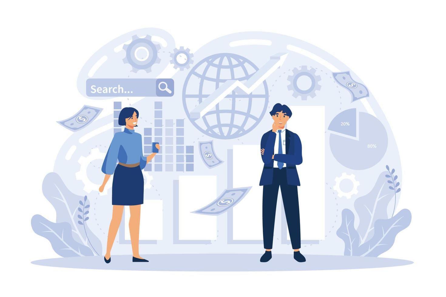 Vector of business people business analytics team monitoring financial reports and investments flat vector illustration