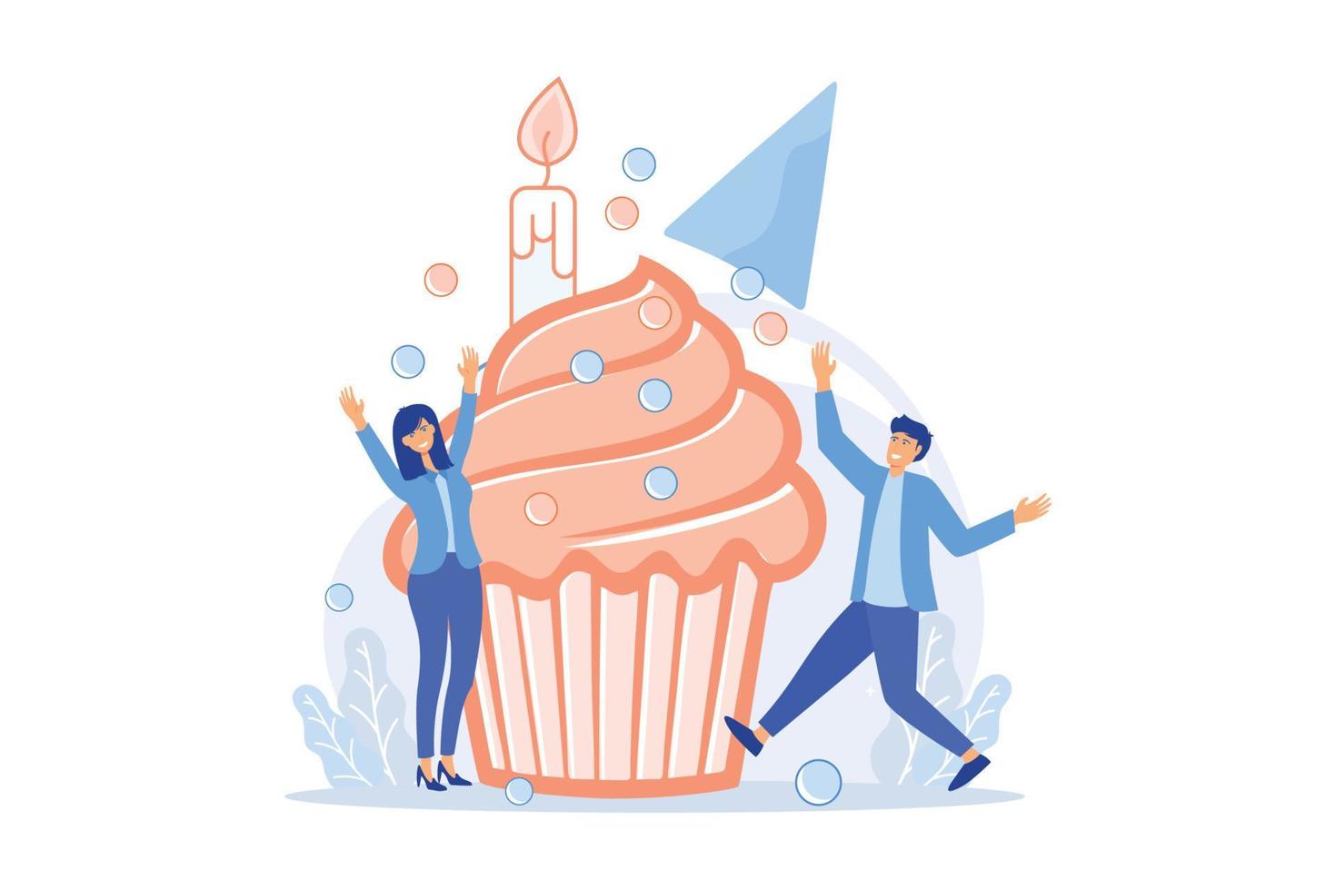 Wife and husband, happy couple celebrating anniversary. Birthday party, romantic holiday, valentine day. Happy people and cupcake with candle. flat vector modern illustration