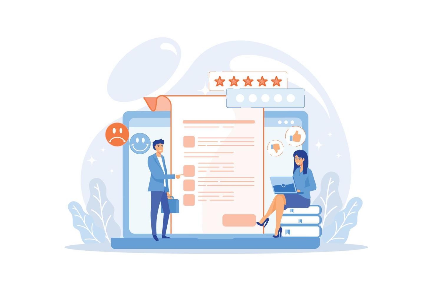 Clients review flat vector illustration. Customer experience, survey form, website rating concept. Social media networks feedbacks and ranking.flat vector modern illustration