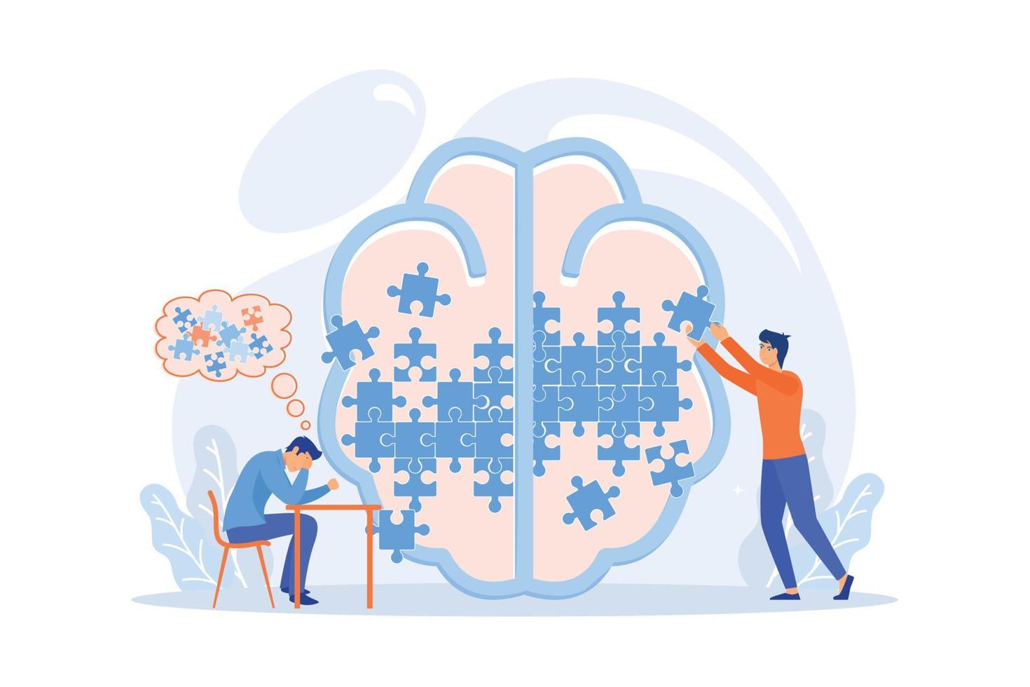 Man doing human brain puzzle. Psychology and psychotherapy session, mental healing and wellbeing, therapist counselling mental illness and difficulties violet palette flat vector modern illustration