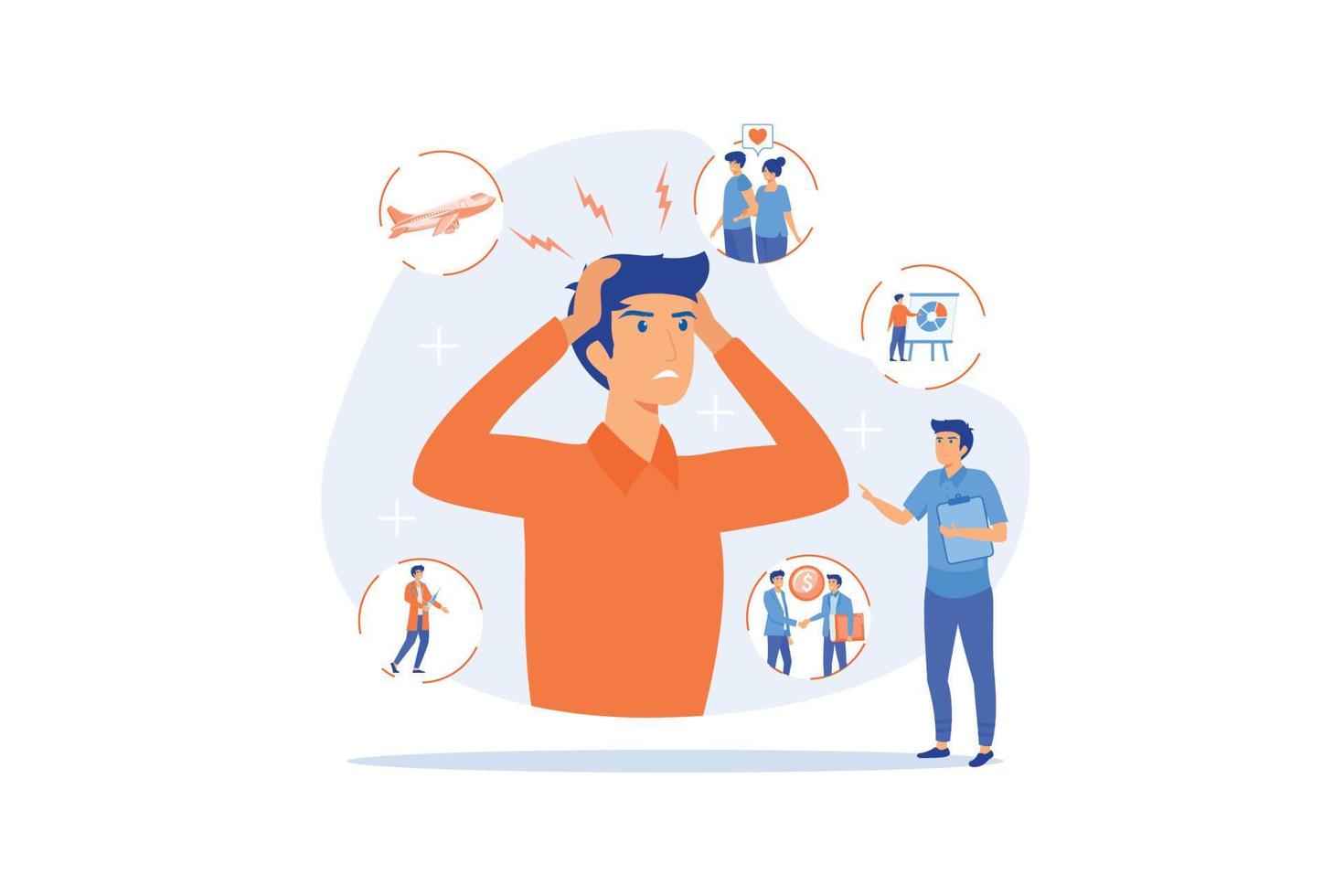 Introversion, agoraphobia, public spaces phobia. Mental illness, stress. Social anxiety disorder, anxiety screening test, anxiety attack concept. flat vector modern illustration