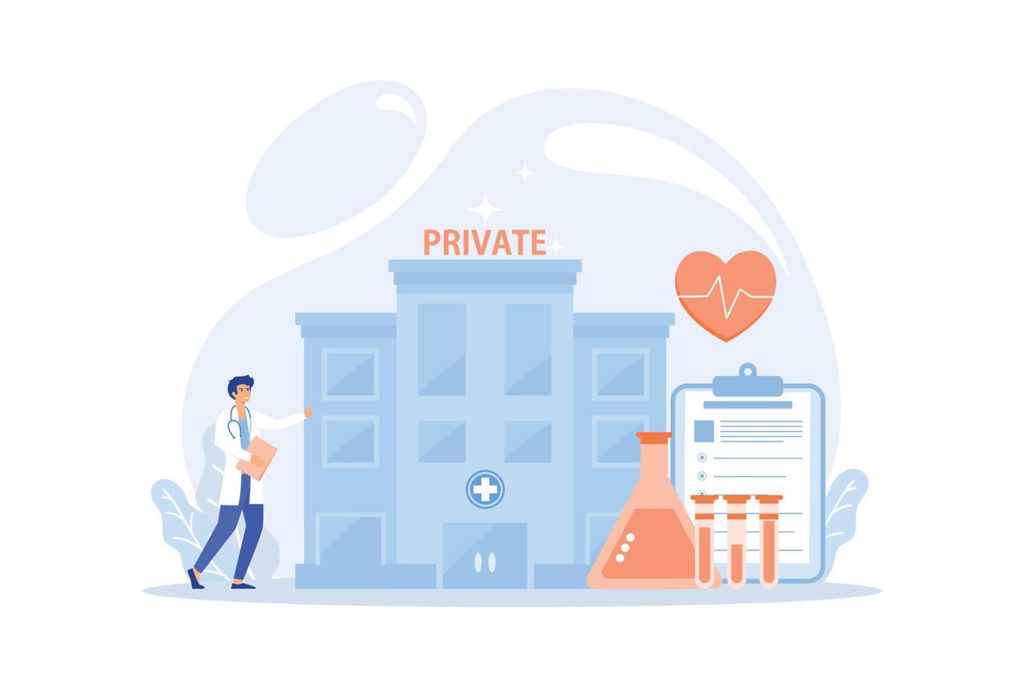 médico que señala un centro de salud privado con servicios médicos. atención médica privada, servicios médicos privados, concepto de centro de atención médica. ilustración moderna de vector plano