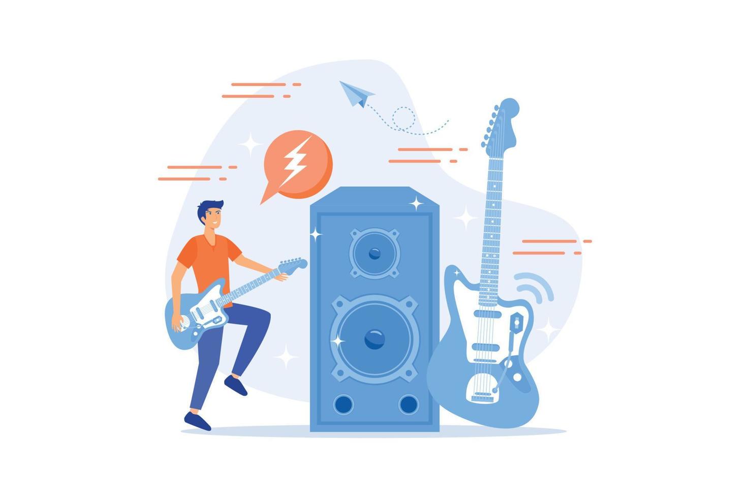 guitarrista tocando la guitarra eléctrica en concierto, gente diminuta. estilo de música rock, fiesta de rock and roll, concepto de festival de música rock. ilustración moderna de vector plano