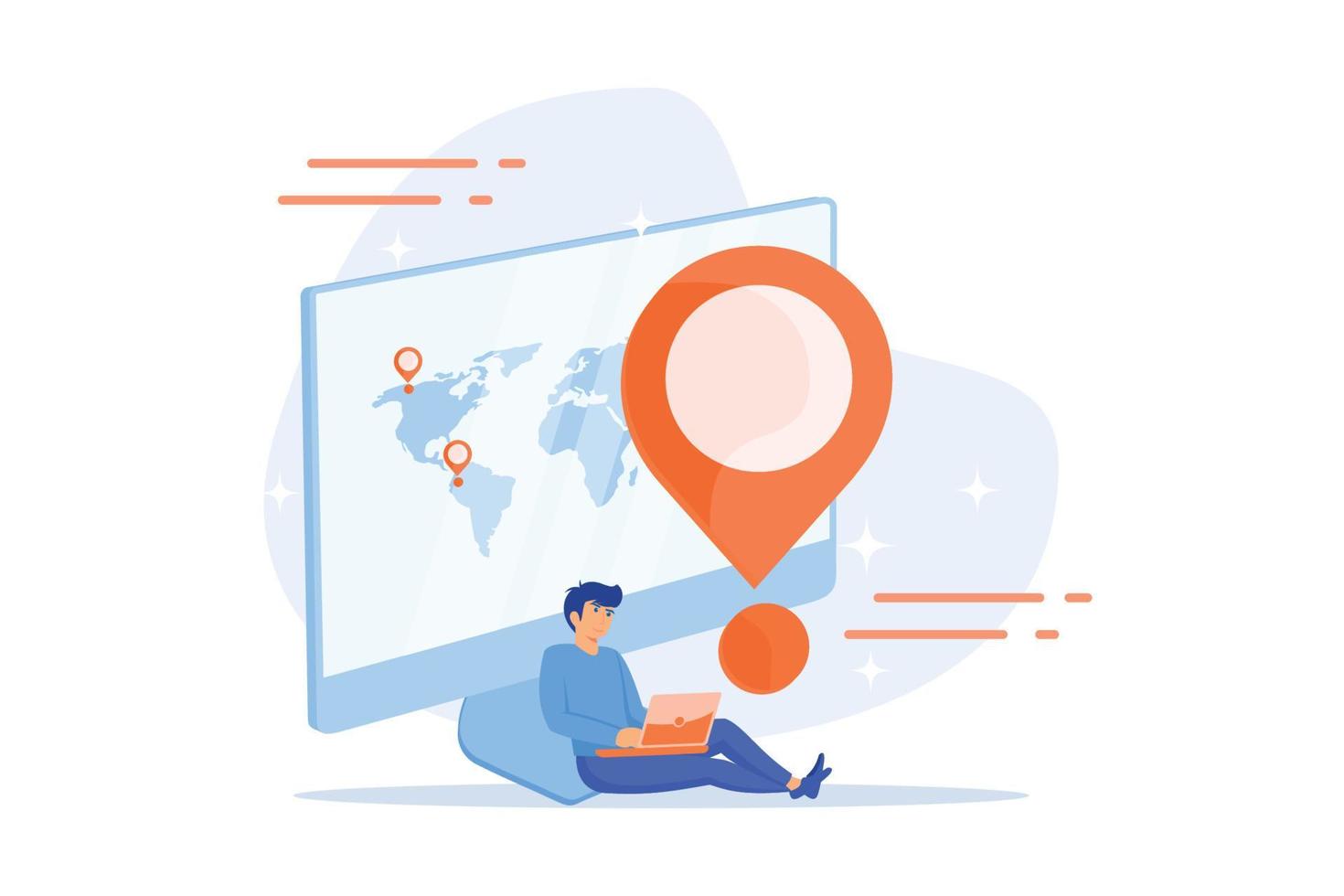 Worldwide delivery service. Global navigation, ordering system, world tourism idea. Vacation spot. Vacation spot choosing, package status tracking. flat vector modern illustration