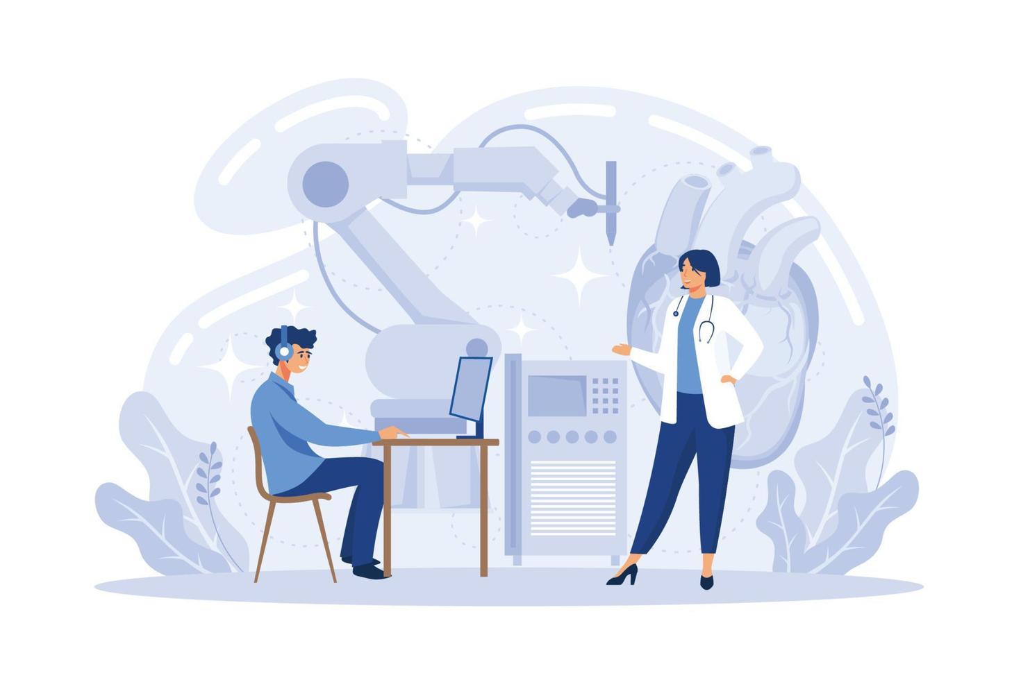 Smart industry development. Artificial intelligence in surgery. Robotics construction, collaborative robotics, remotely operated robots metaphors. flat vector modern illustration