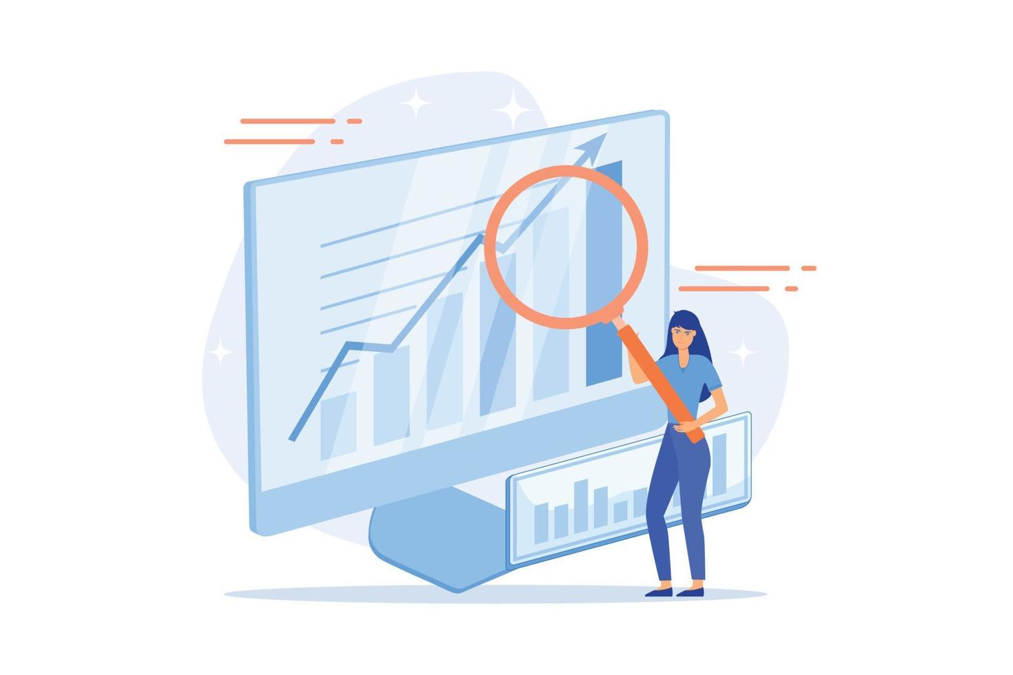 Data analytics online course. Business analysis coaching, training, mentoring. Company profit statistics and metrics monitoring. Diagram analyzing. flat vector modern illustration