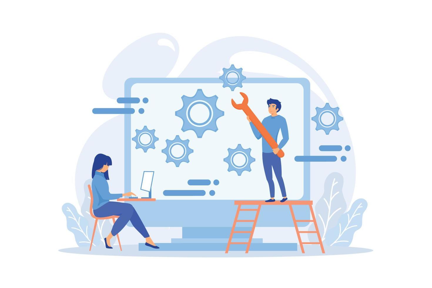 People configure the application on the big LCD screen with gears. Back end development it concept. Software development process. flat vector modern illustration