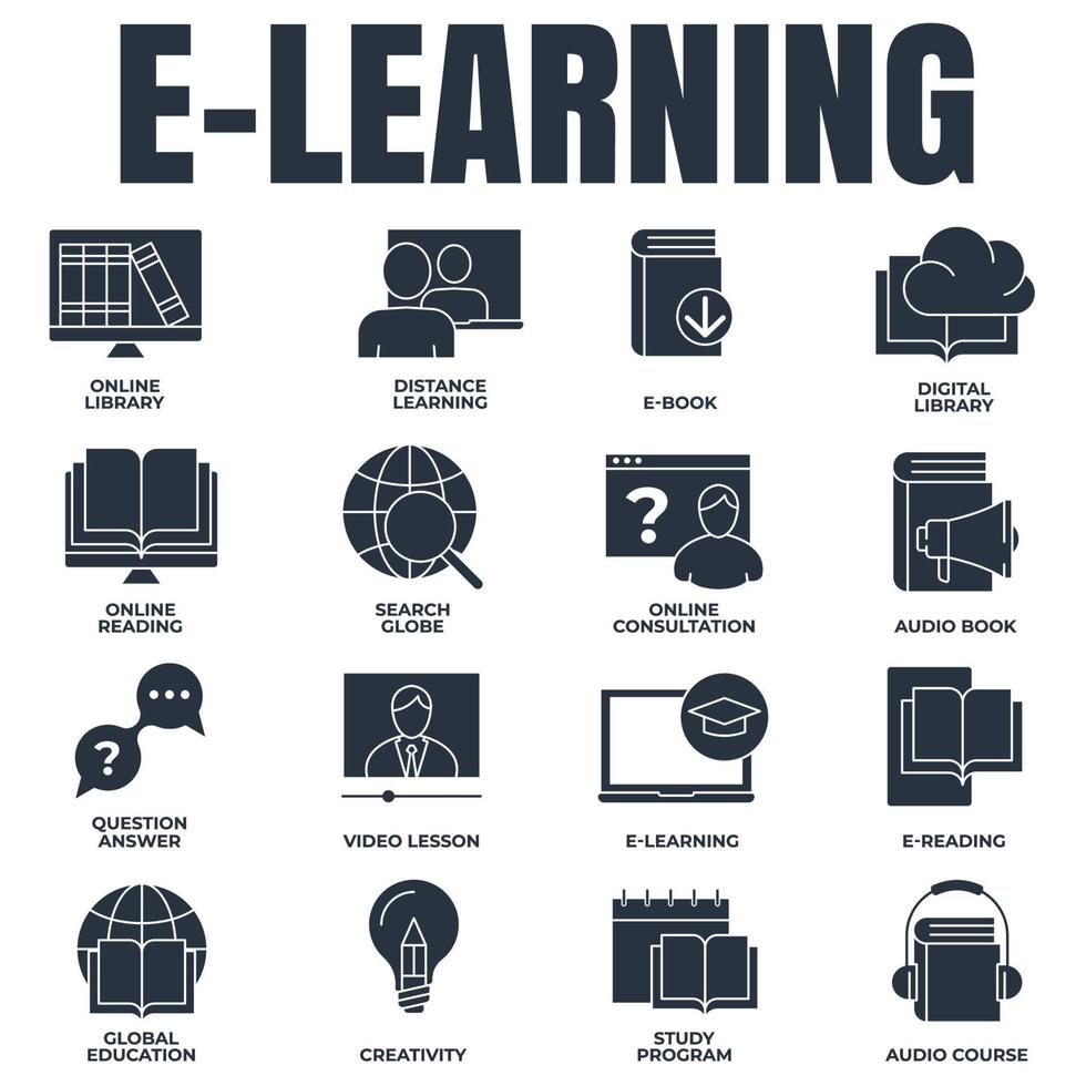 Set of E-learning, online education icon logo vector illustration. global education, study program, search globe, distance learning and more pack symbol template for graphic and web design collection