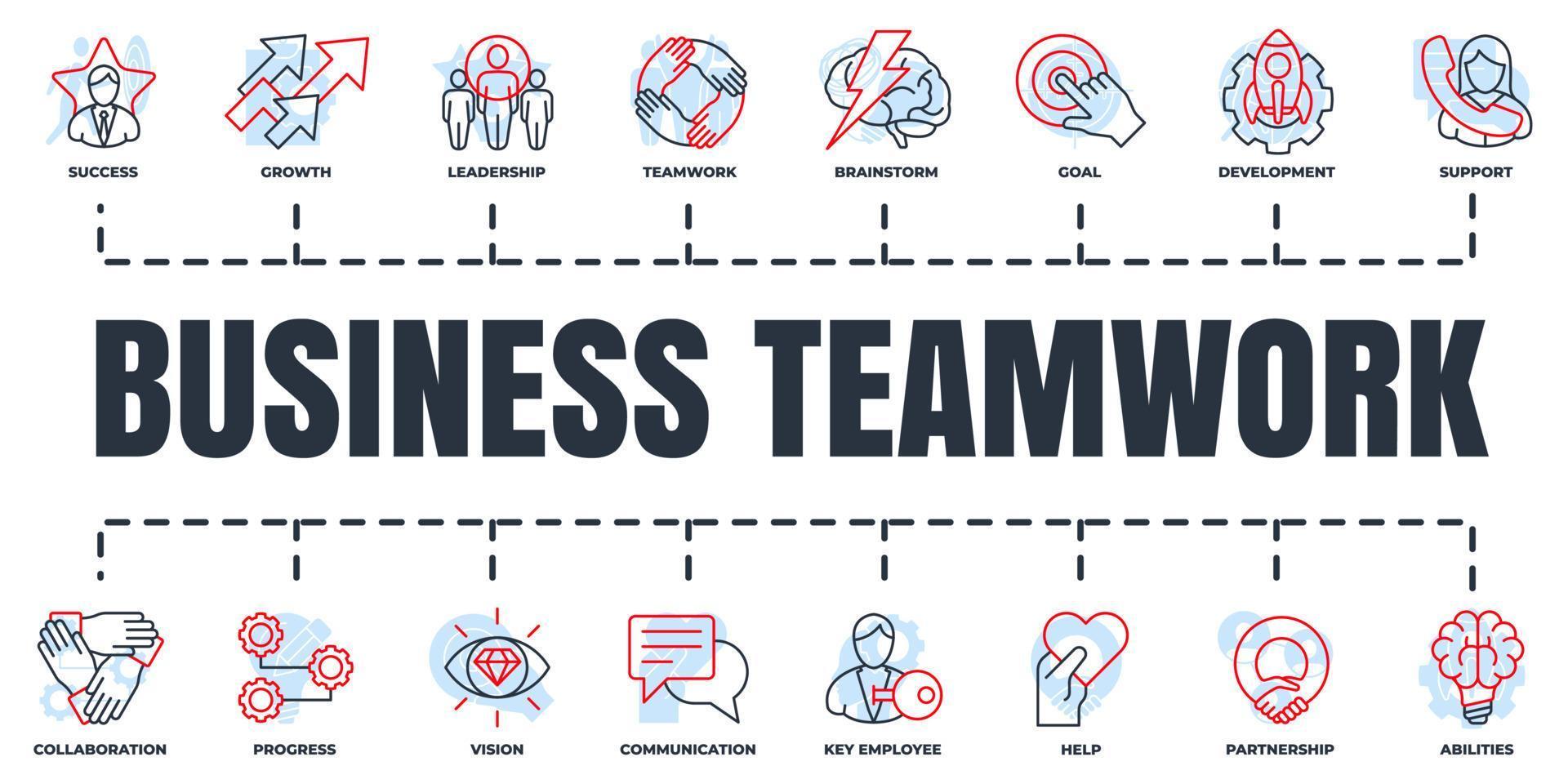 Business teamwork banner web icon set. brainstorm, abilities, progress, communication, partnership, teamwork and more vector illustration concept.