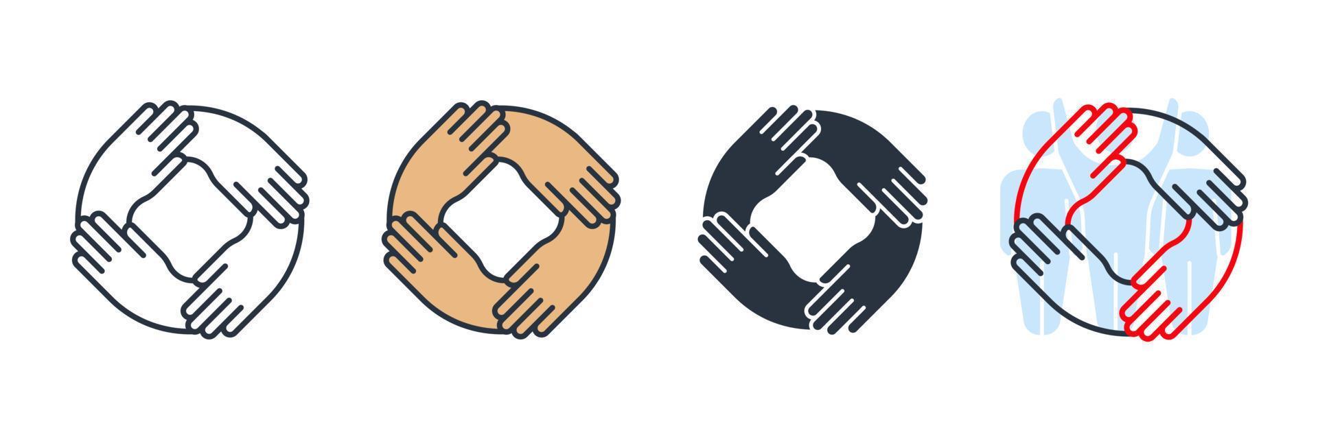 cuatro manos unidas para la ilustración del vector del logotipo del icono de la muñeca. plantilla de símbolo de trabajo en equipo para la colección de diseño gráfico y web