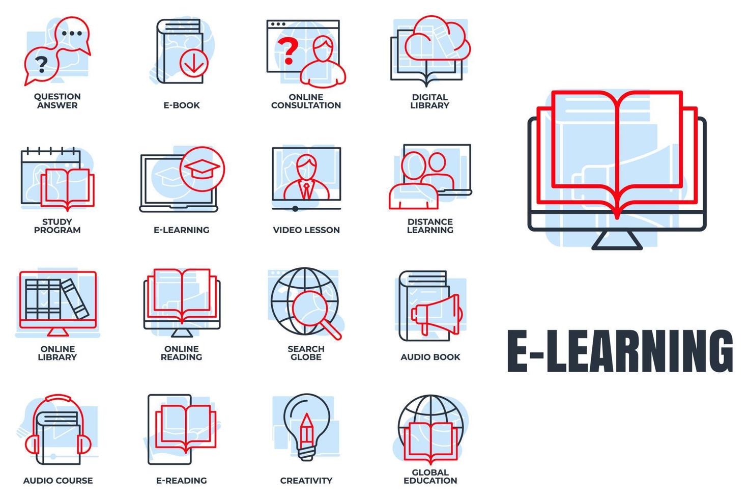 Set of E-learning, online education icon logo vector illustration. global education, study program, search globe, distance learning and more pack symbol template for graphic and web design collection