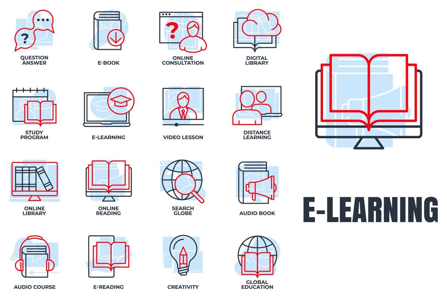 conjunto de e-learning, ilustración de vector de logotipo de icono de educación en línea. educación global, programa de estudio, globo de búsqueda, aprendizaje a distancia y más plantilla de símbolo de paquete para la colección de diseño gráfico y web