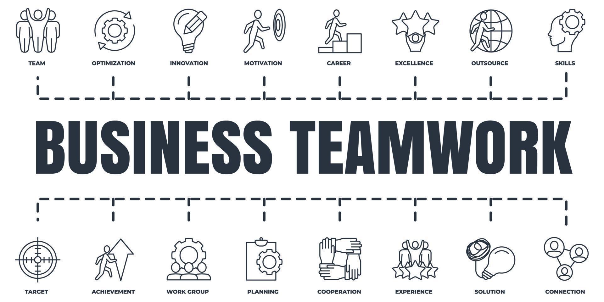 Business teamwork banner web icon set. team, planning, connection, innovation, experience, target and more vector illustration concept.