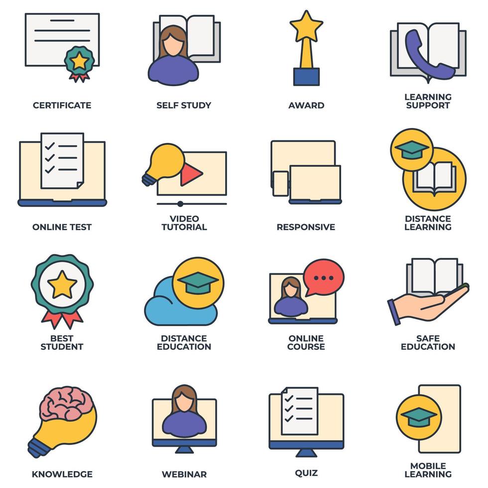 conjunto de e-learning, ilustración de vector de logotipo de icono de educación en línea. curso en línea, aprendizaje móvil, certificado, premio y más plantilla de símbolo de paquete para la colección de diseño gráfico y web
