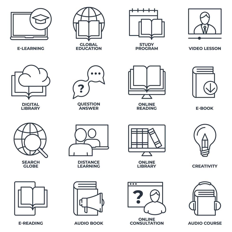 Set of E-learning, online education icon logo vector illustration. global education, study program, search globe, distance learning and more pack symbol template for graphic and web design collection