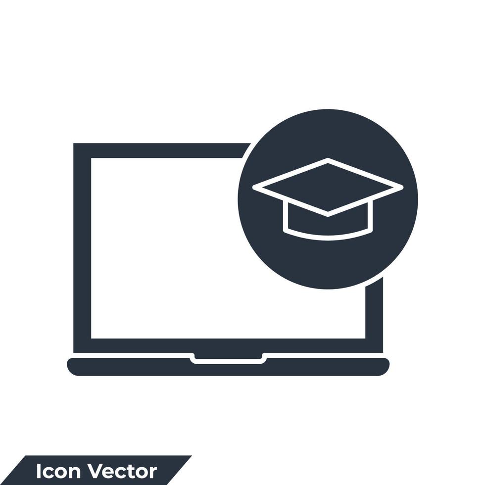 Ilustración de vector de logotipo de icono de aprendizaje electrónico. gorra de graduación en la plantilla de símbolo de computadora portátil de pantalla para la colección de diseño gráfico y web