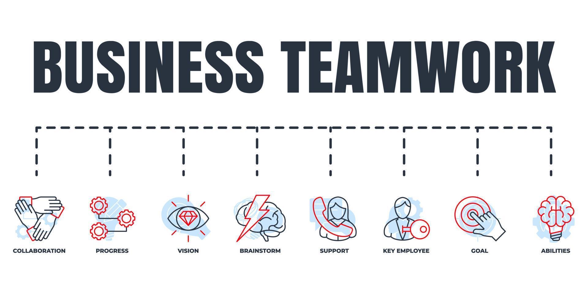 Business teamwork banner web icon set. brainstorm, abilities, progress, vision, key employee, goal, collaboration, support vector illustration concept.