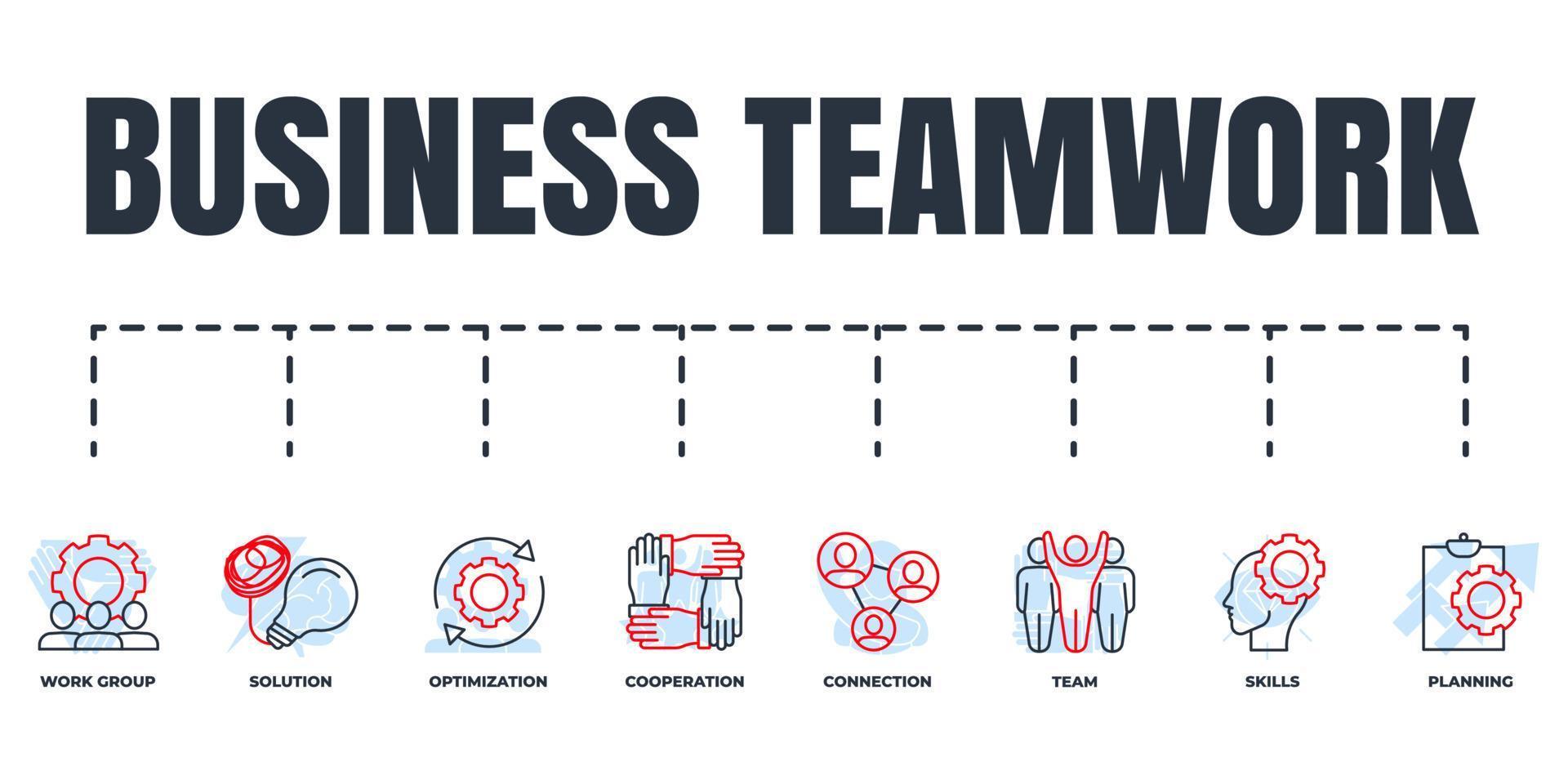 Business teamwork banner web icon set. team, planning, connection, cooperation, skills, optimization, work group, solution vector illustration concept.