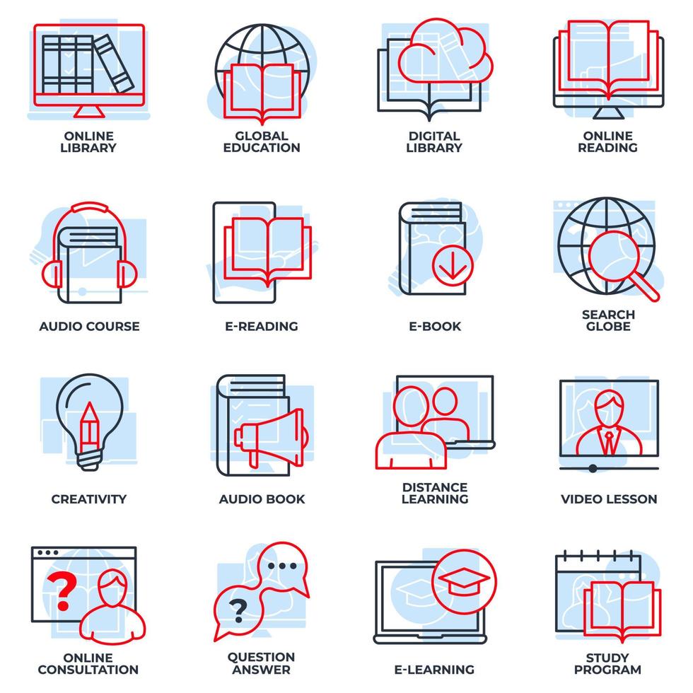 conjunto de e-learning, ilustración de vector de logotipo de icono de educación en línea. educación global, programa de estudio, globo de búsqueda, aprendizaje a distancia y más plantilla de símbolo de paquete para la colección de diseño gráfico y web