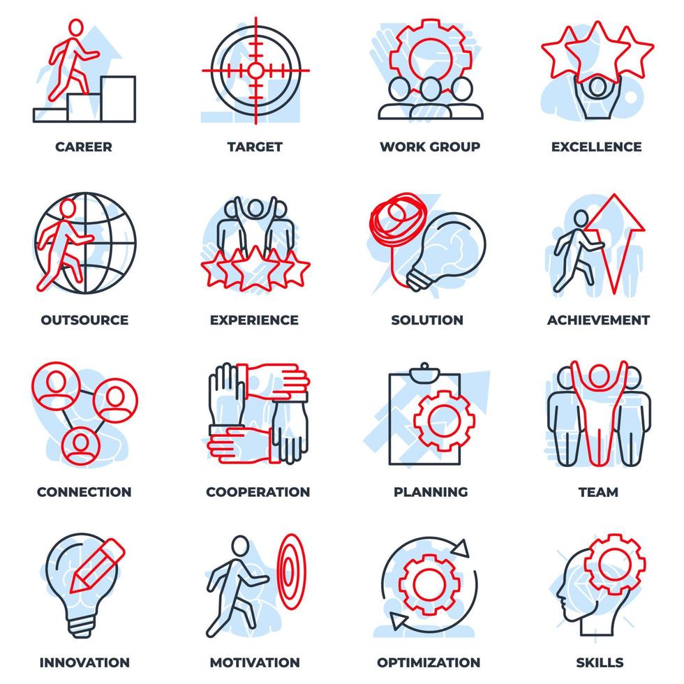 Set of Business teamwork icon logo vector illustration. cooperation, skills, optimization, experience, target, achievement, career and more pack symbol template for graphic and web design collection