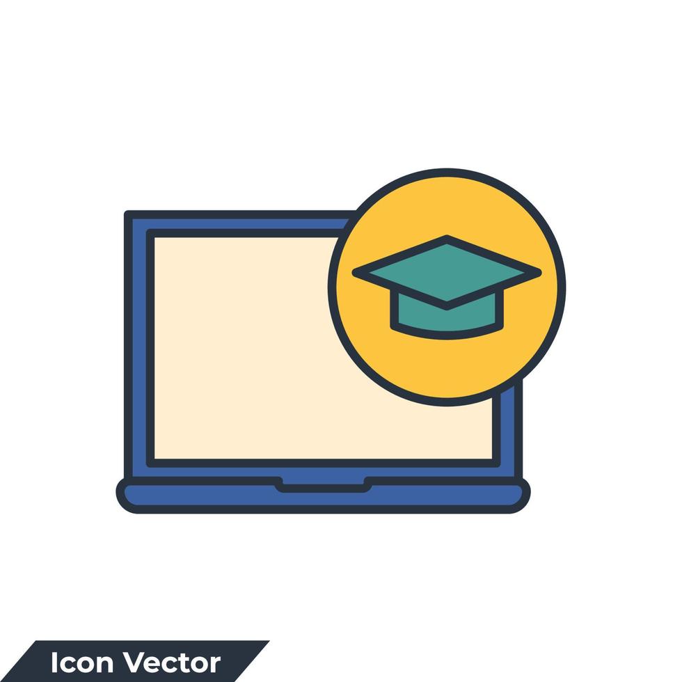 e-learning icon logo vector illustration. Graduation cap on screen laptop symbol template for graphic and web design collection