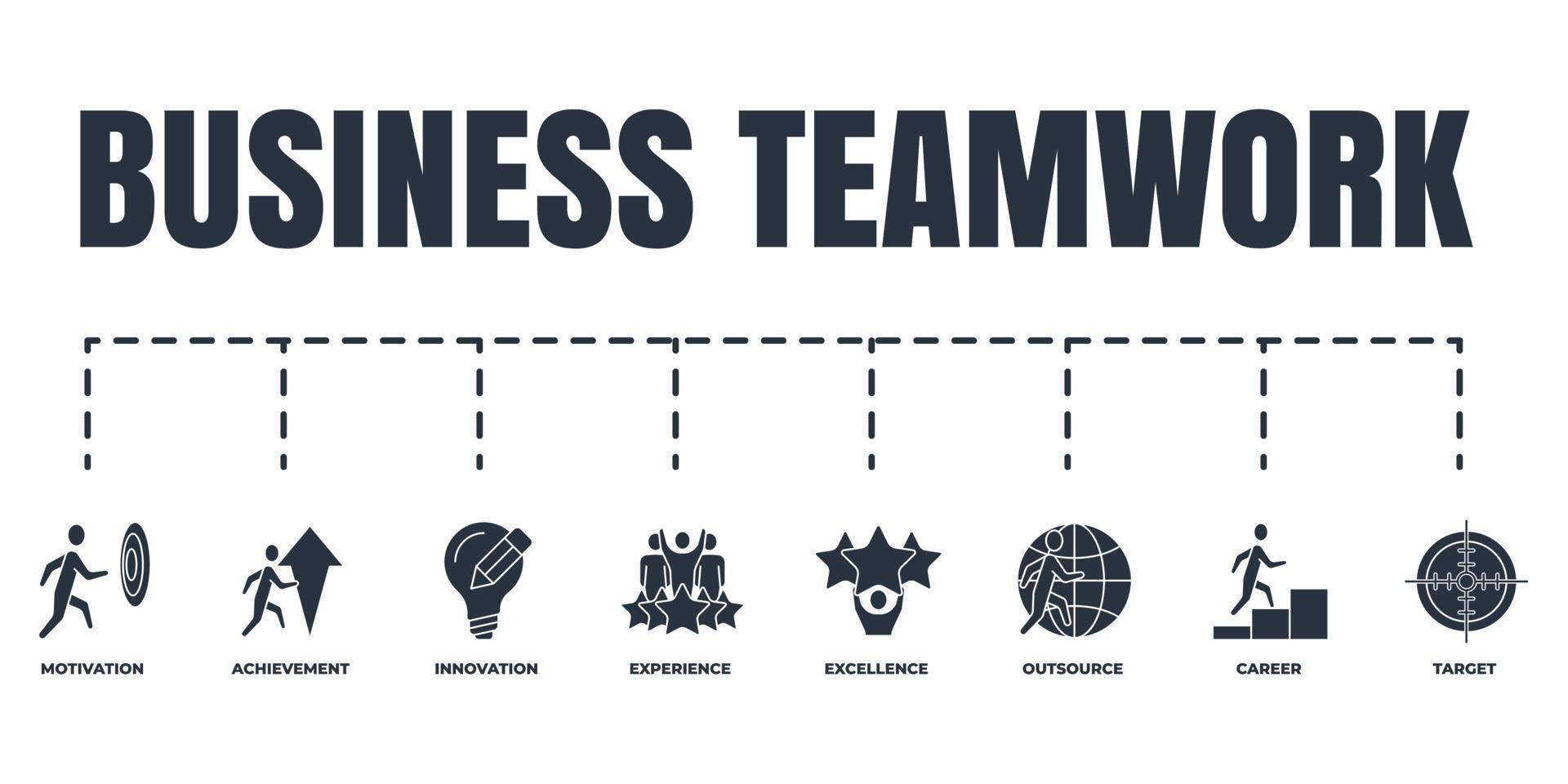 Business teamwork banner web icon set. motivation, excellence, outsource, innovation, experience, target, achievement, career vector illustration concept.