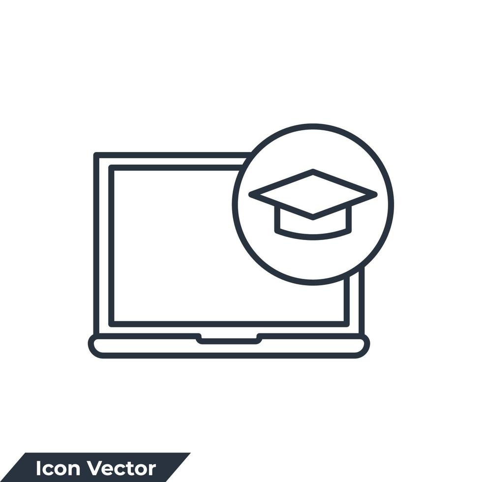 e-learning icon logo vector illustration. Graduation cap on screen laptop symbol template for graphic and web design collection