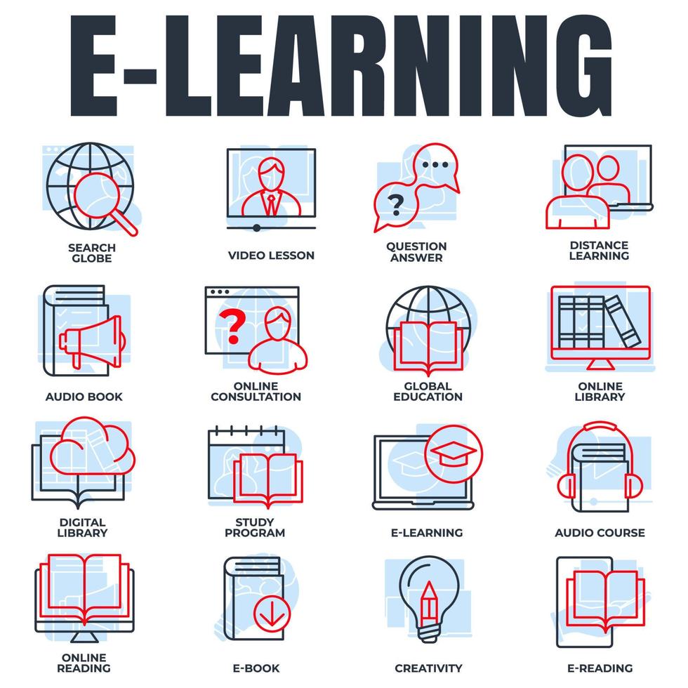 Set of E-learning, online education icon logo vector illustration. global education, study program, search globe, distance learning and more pack symbol template for graphic and web design collection