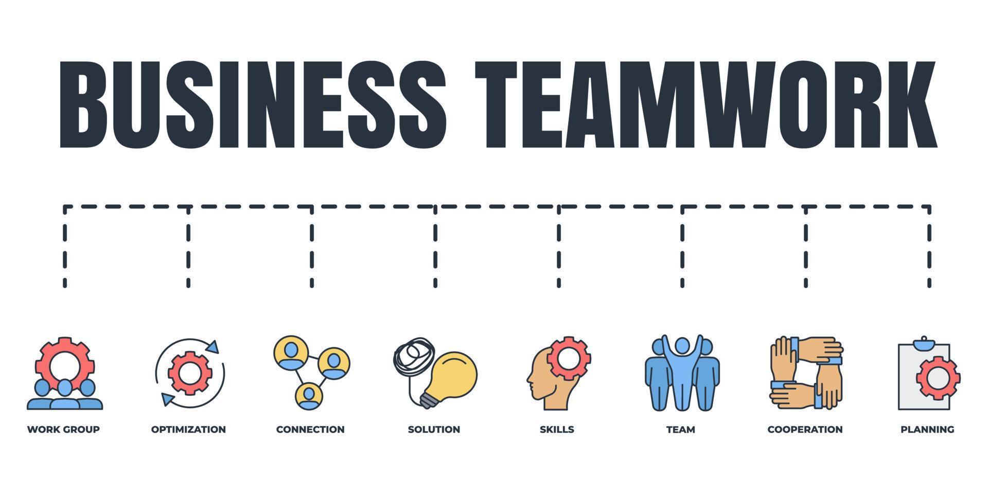 Business teamwork banner web icon set. team, planning, connection, cooperation, skills, optimization, work group, solution vector illustration concept.