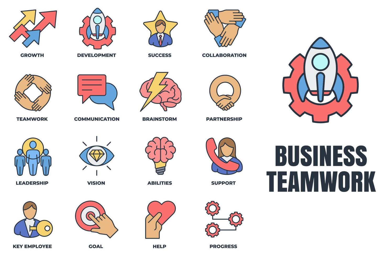 conjunto de ilustración de vector de logotipo de icono de trabajo en equipo de negocios. objetivo, colaboración, soporte, desarrollo, comunicación, asociación y más plantilla de símbolo de paquete para la colección de diseño gráfico y web