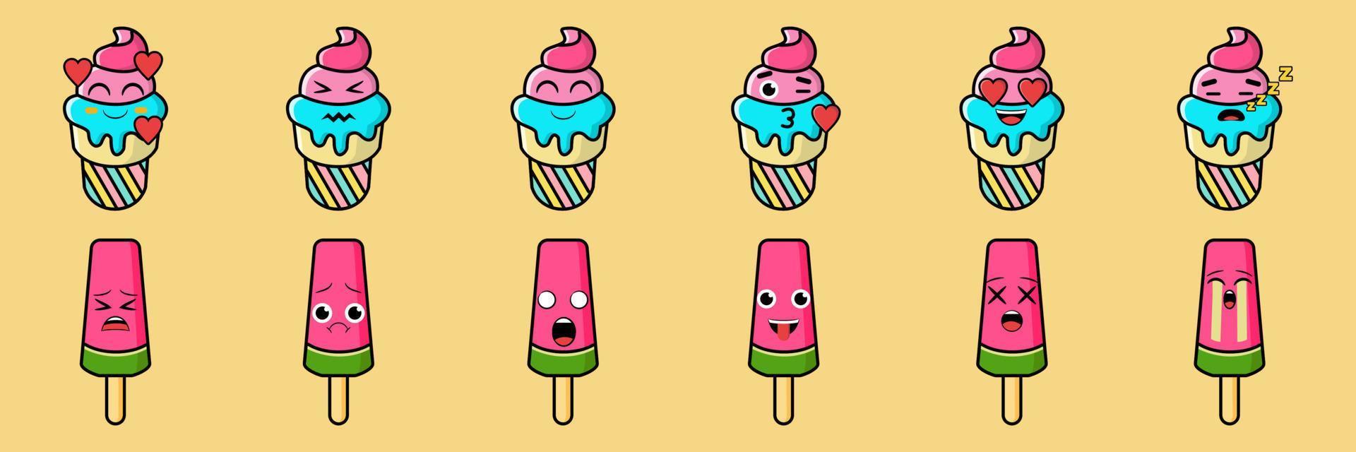 ice cream collection with cute emoticons vector