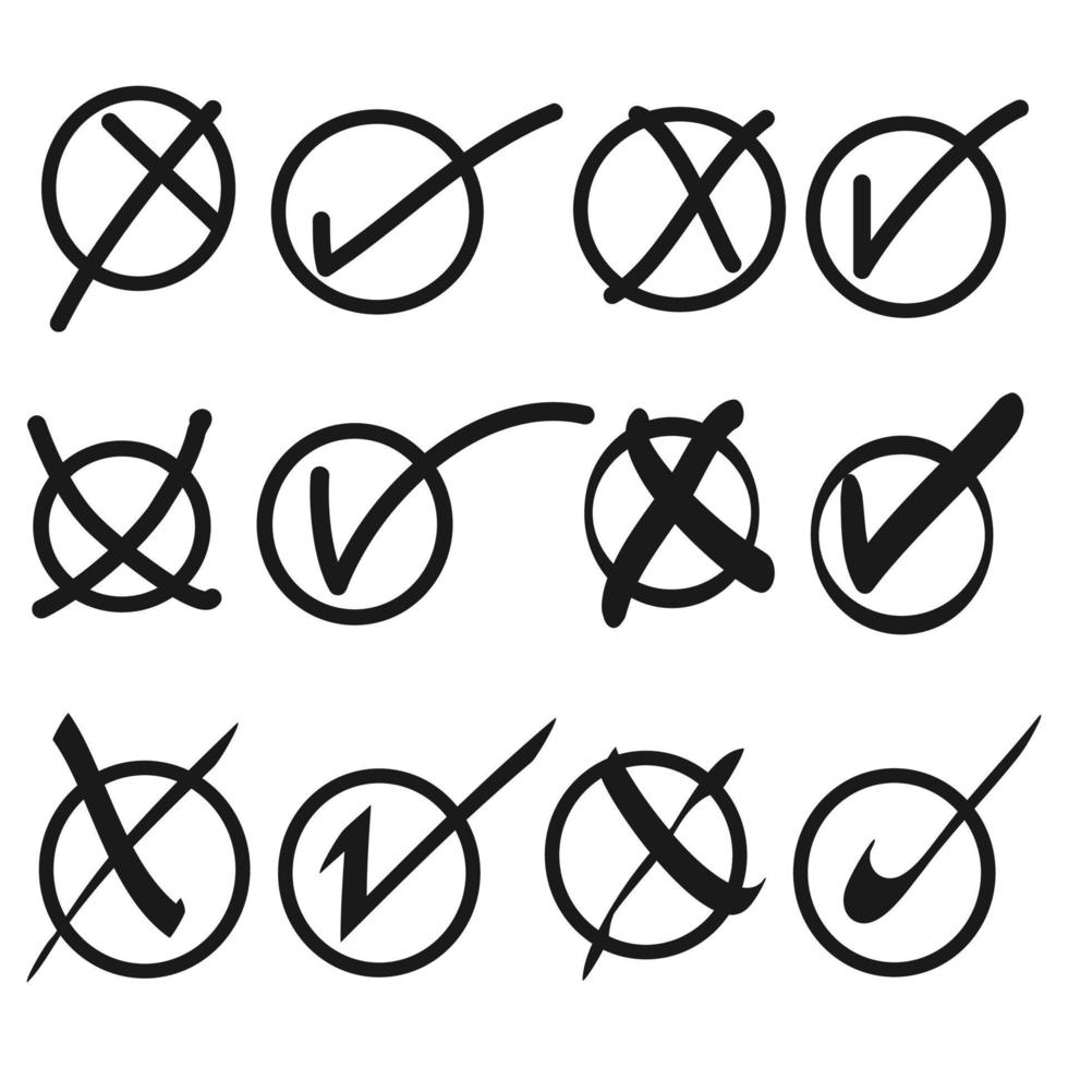 Doodle check mark and cross mark icon set. Tick symbol. checklist signs. vector illustration