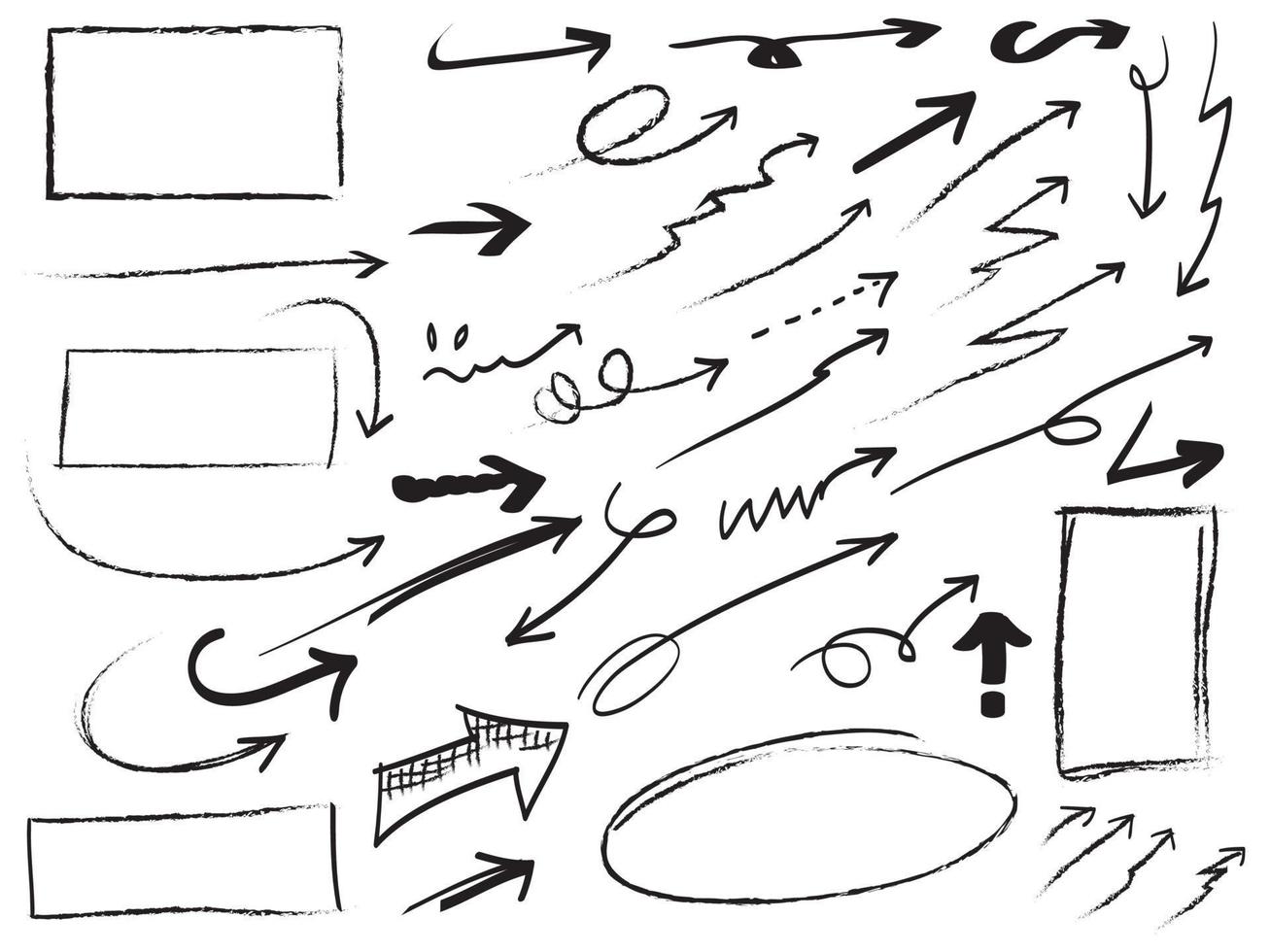 flechas dibujadas a mano, rectángulos y conjunto de escritura de garabatos cómicos circulares. utilizar para el diseño de concepto. aislado sobre fondo blanco. ilustración vectorial vector