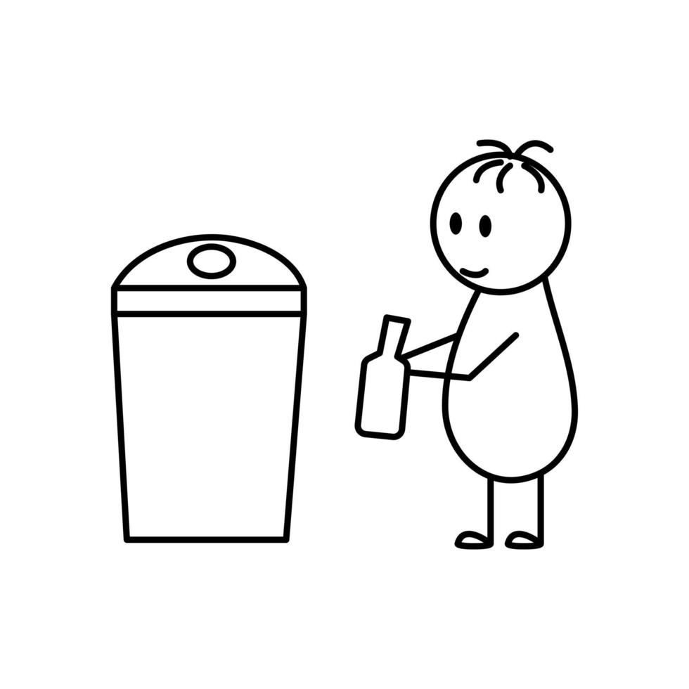 Stick figures. Stick man throws out trash . Vector illustration.