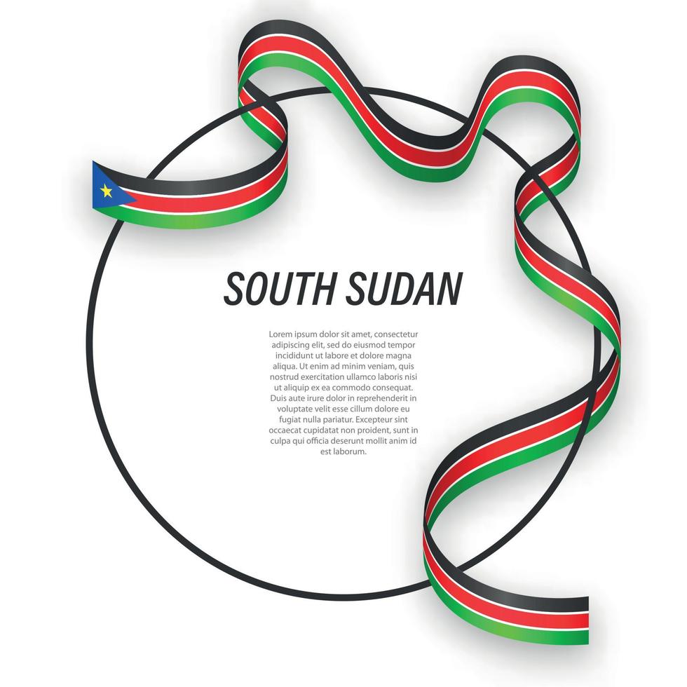 Waving ribbon flag of South Sudan on circle frame. Template for vector
