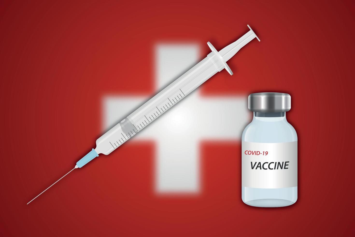 Syringe and vaccine vial on blur background with Switzerland fla vector