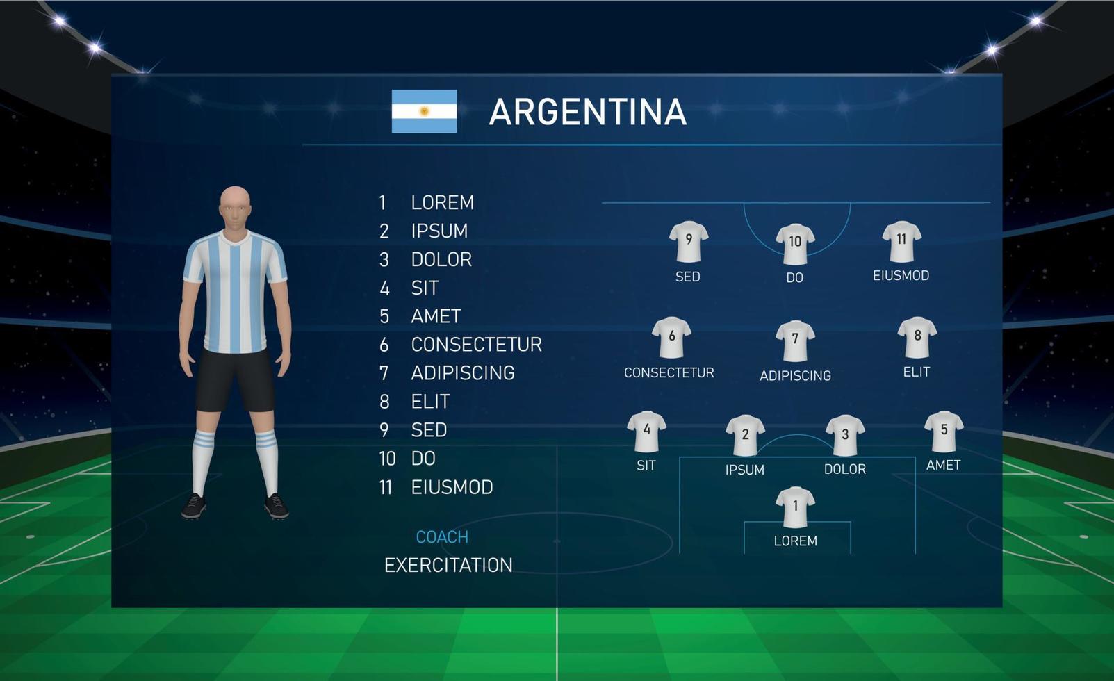 gráfico de transmisión de marcador de fútbol con equipo de fútbol de escuadrón arg vector