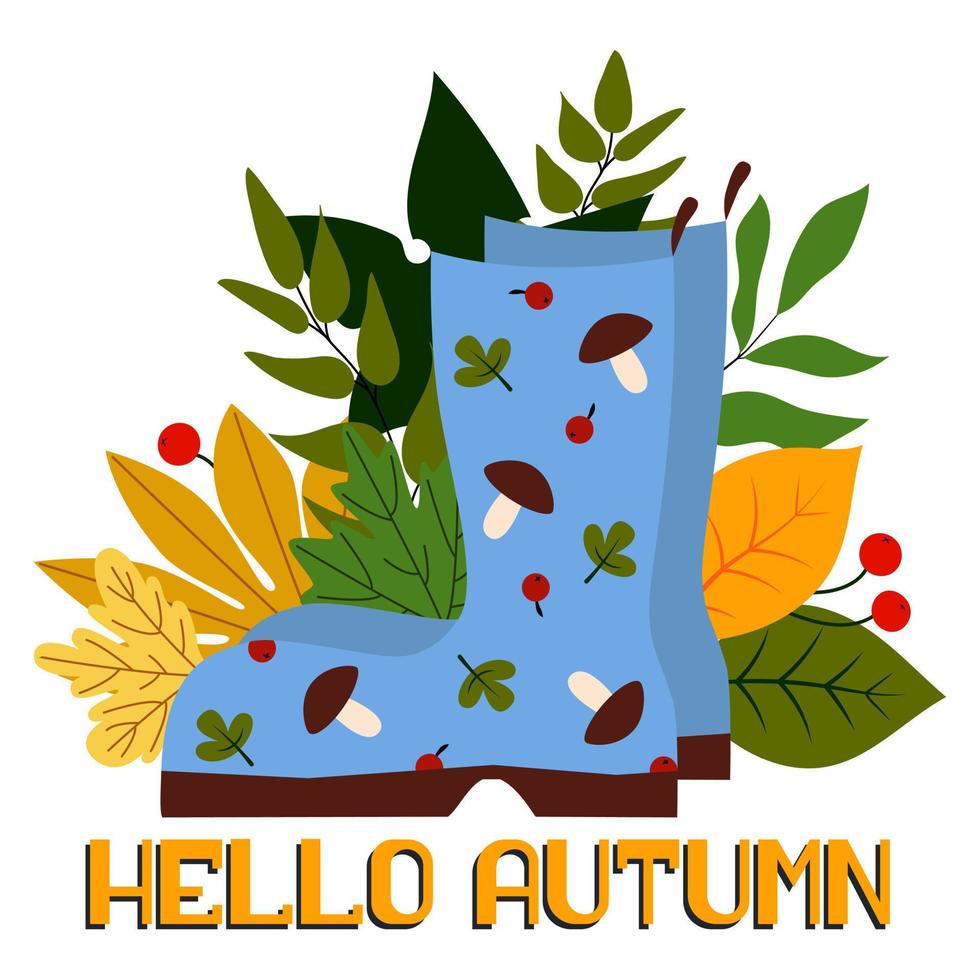 Autumn blue rubber boots. Leaf fall and fall weather. waterproof shoes. Rubber boots with bouquet of autumn leaves vector