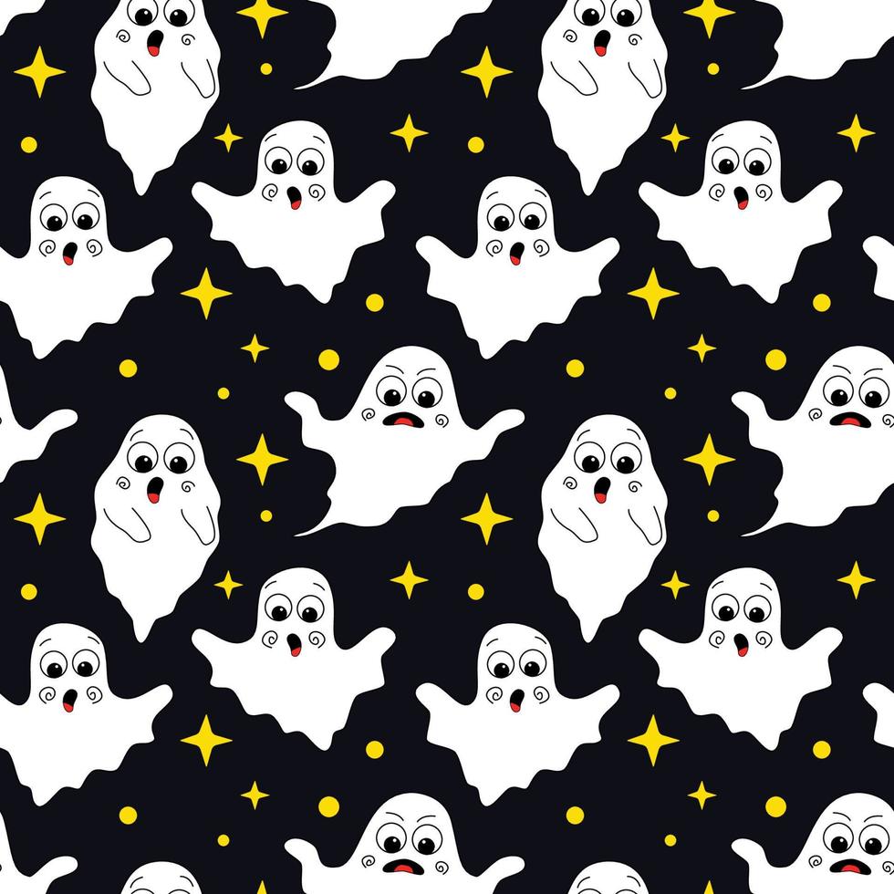 patrón sin costuras con lindos fantasmas. plantilla festiva de halloween, impresión. fantasmas divertidos. fantasma, patrones sin fisuras de halloween, diseño plano vector