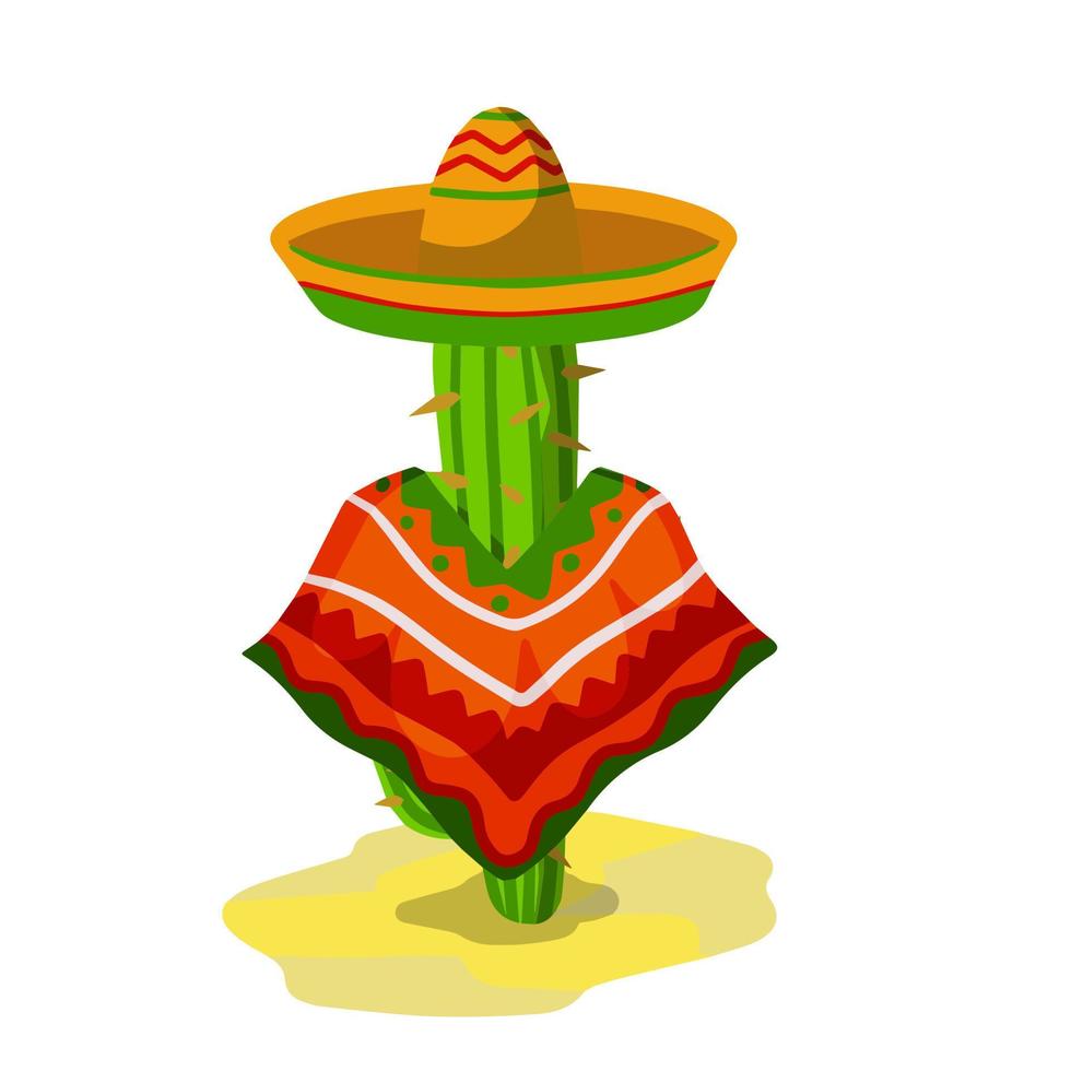 cactus en un sombrero mexicano. una planta del desierto. suculenta verde. elemento del paisaje de verano tropical del sur. ilustración de dibujos animados plana vector