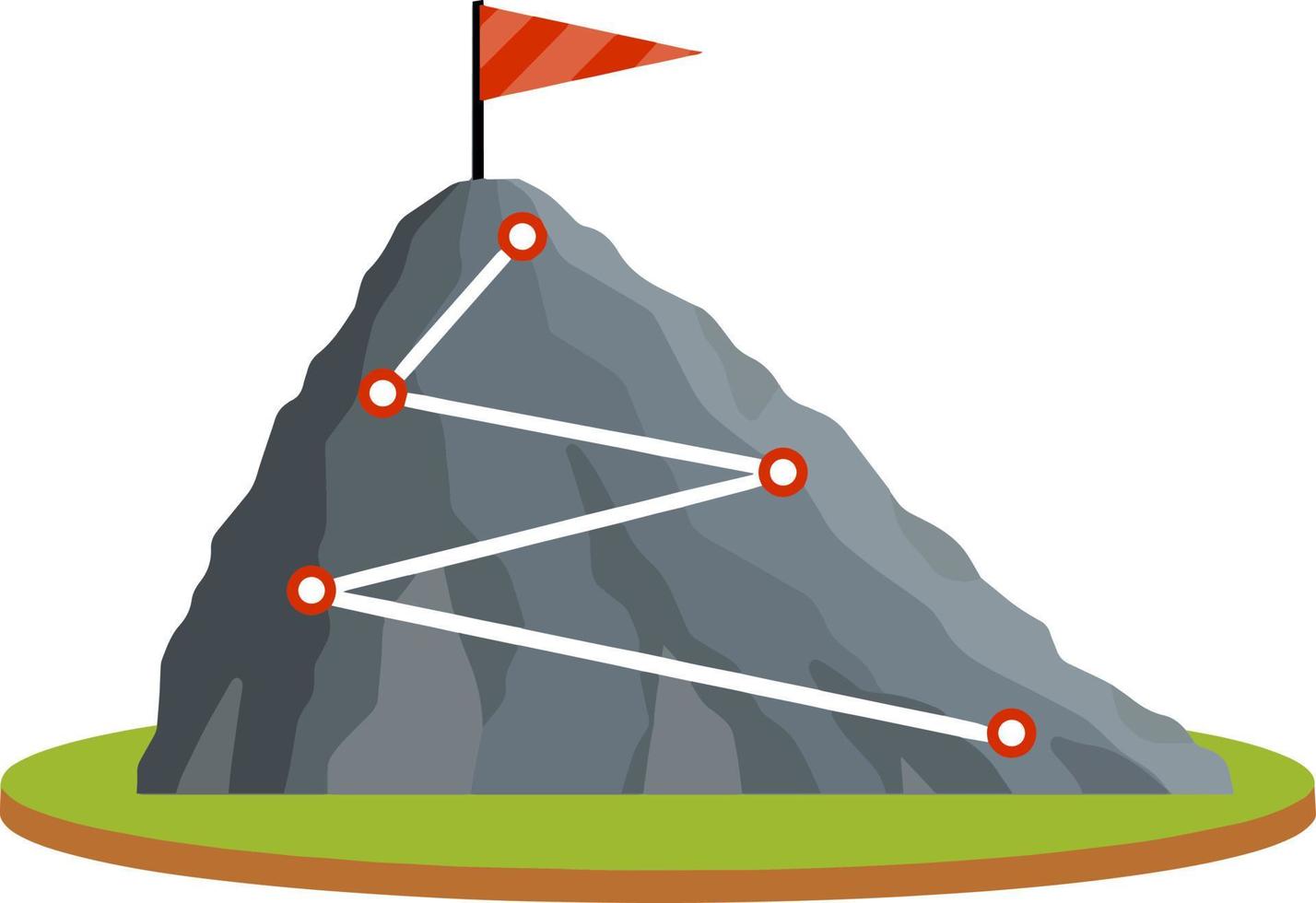 escalando montaña con bandera roja. puntos y etapas del recorrido. motivación empresarial en el crecimiento personal. montañismo y deportes. icono plano de dibujos animados. autodesarrollo y exito vector