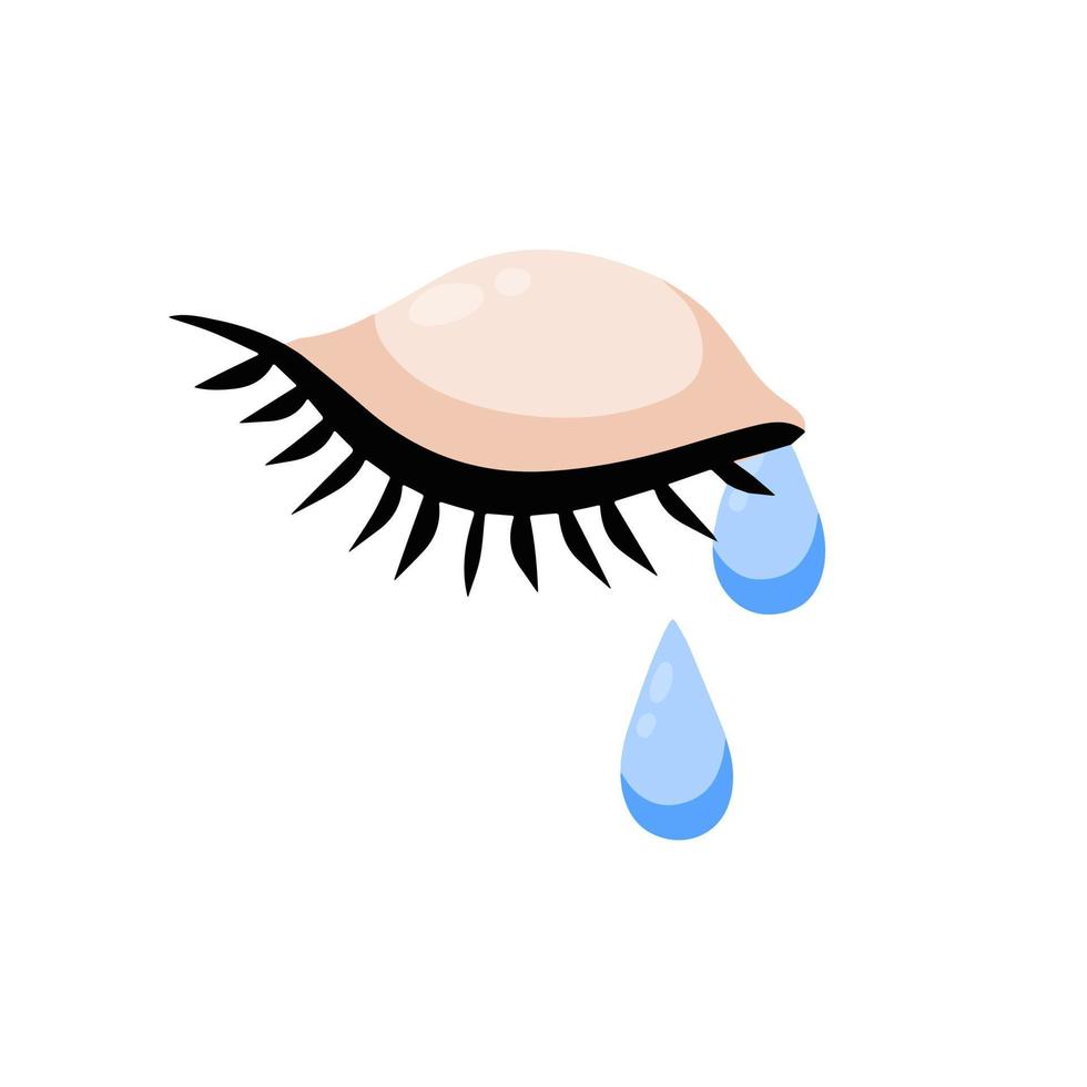 Crying eye with tears. Closed eyelid with eyelashes. Stress and frustration. Flat cartoon vector