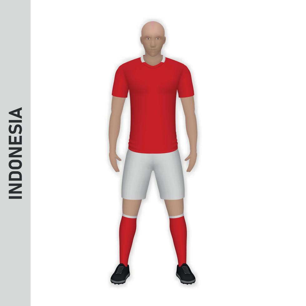 Maqueta de jugador de fútbol realista en 3d. camiseta de la selección de fútbol de indonesia vector